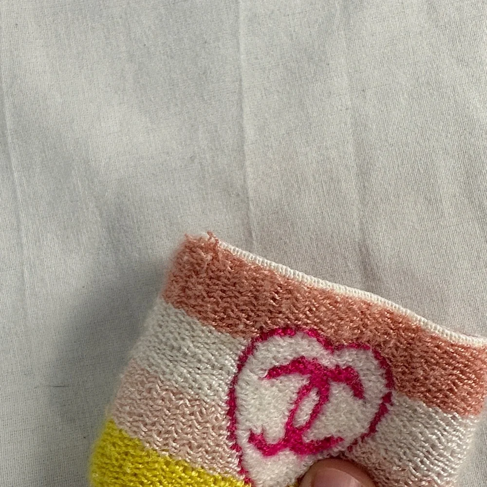 CHANEL Pink White Yellow Striped Knit Wrist Cuff with CC Heart Logo